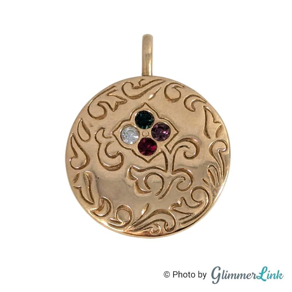 Vintage Avon Victorian Style Multicolor Rhinestone Round Gold Tone Charm Pendant